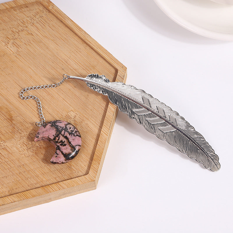 Crystal Moon&Silver Alloy Feather Bookmark