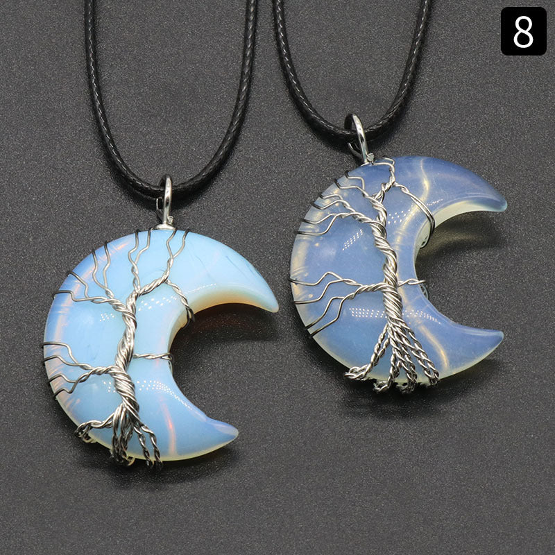 Sliver Life Tree Wrapped Crystal Moon Necklace