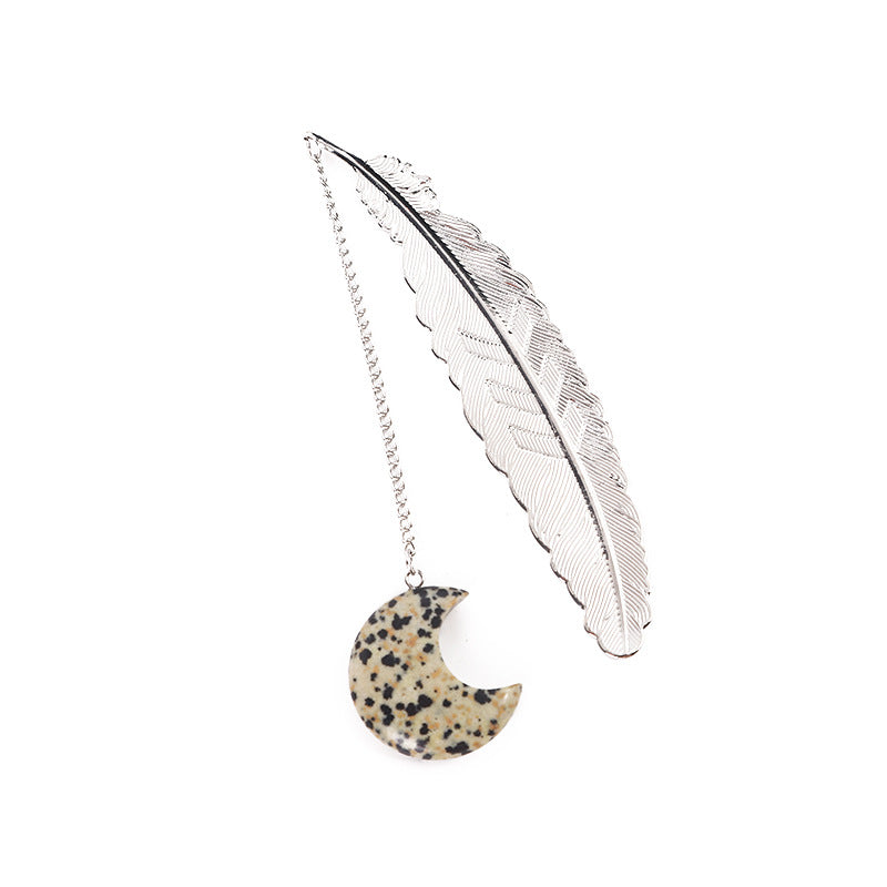 Crystal Moon&Silver Alloy Feather Bookmark