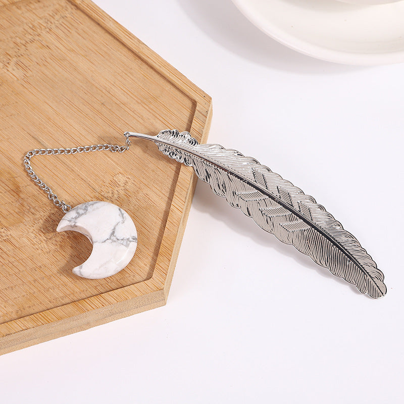 Crystal Moon&Silver Alloy Feather Bookmark