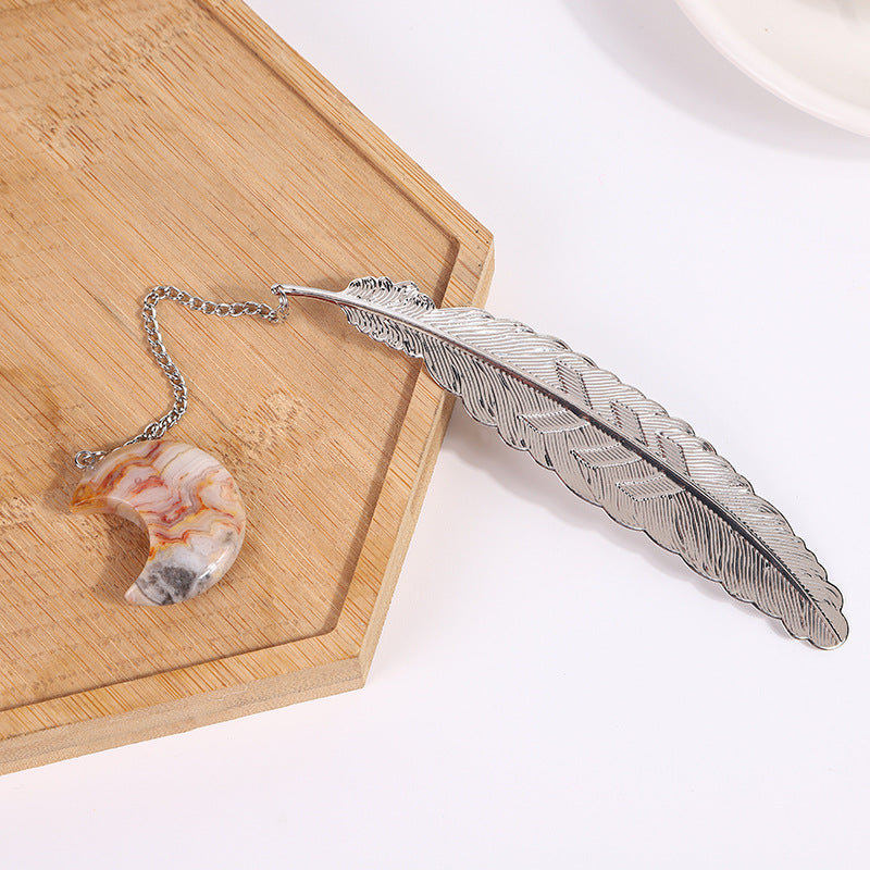 Crystal Moon&Silver Alloy Feather Bookmark